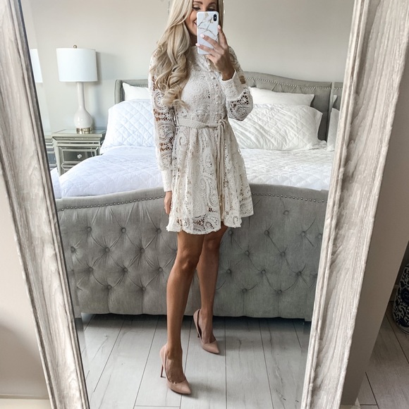 Embroidey Beige Dress Lantern Puff Sleeve Dress - Picture 15 of 16